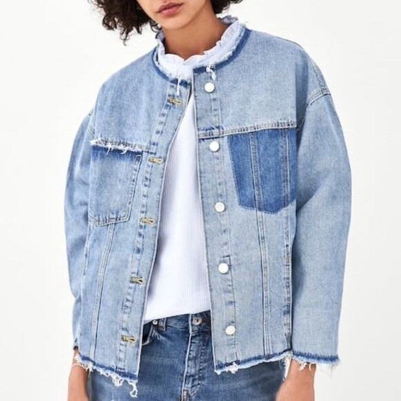 ZARA TRF Collarless Frayed Denim Jacket Size XS - Picture 3 of 14